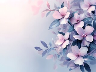 Naklejka premium Soft pink flowers and leaves on a light blue background.