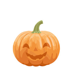 Obraz premium Smiling Halloween pumpkin with carved face on a white background for autumn decoration copy space