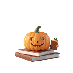 Playful pumpkin with cheerful face and holding a small book sitting atop stacked books against white background copy space