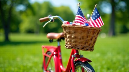 red vintage bicycle with small flags in the basket