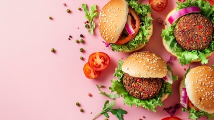 Plant-based Food Delicious veggie burgers on a pink background