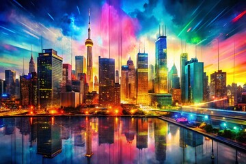 Obraz premium Vibrant Pop Art Cityscape Double Exposure: Colorful Skyscrapers and Urban Sketch