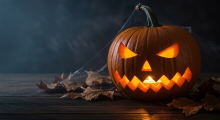 Spooky halloween pumpkin with glowing eyes surrounded by autumn leaves and cobwebs