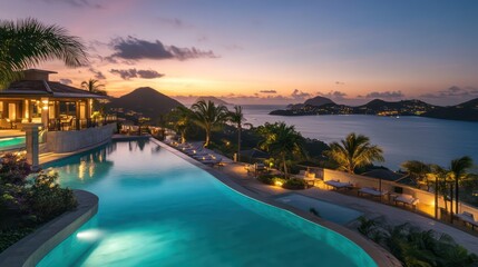 A boutique resort countdown by the infinity pool, soft lighting, chic decor, and panoramic sunset views