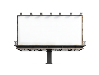 Blank billboard with spotlights on a metal structure, perfect for mockups.