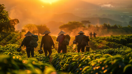 Farmers in hats prepare to harvest coffee beans on plantation on green eco organic farm. People work early in the morning, at sunrise. Ripe coffee seed robusta arabica berry harvesting.