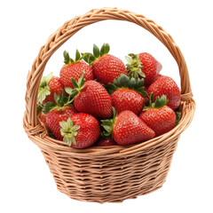 a woven basket filled with fresh. vibrant strawberries. showcasing their bright red color and green leaves. perfect for culinary uses or as a healthy snack the arrangement highlights the fruit's natur