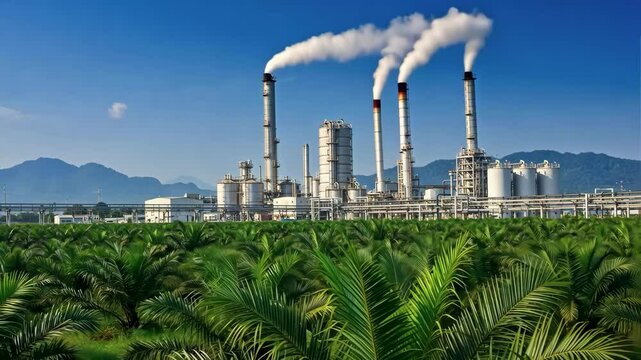 Palm oil plantation with a biodiesel production facility in the background, highlighting the process of biofuel and renewable energy production.