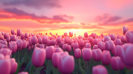 Pink Tulip Field at Sunset Serene Landscape