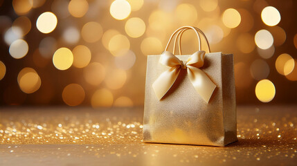 Sac cadeau élégant dorés sur un fond doré étincelant.
