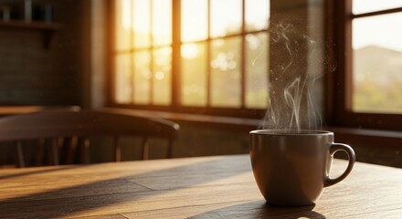 Steaming Coffee Cup on Wooden Table with Sunlight Streaming Through Window