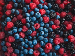 Vibrant mix of red and blue berries, showcasing raspberries, blueberries, and blackberries.