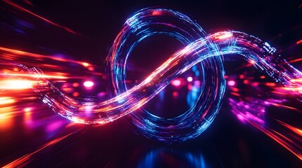 Abstract Swirling Light Trail Blue and Orange Glowing Particles in Dark Space