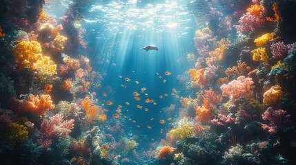 Vibrant Coral Reef with Sea Turtle and Fish