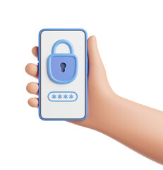 Cartoon character hand holding smartphone with padlock and password isolated over transparent background. Internet security concept. 3d render illustration.