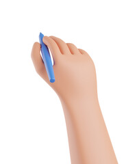 Top view cartoon character hand with blue pen isolated over transparent background. 3d render illustration