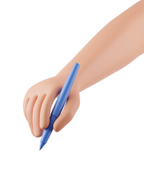 Front view cartoon character hand with blue pen isolated over transparent background. 3d render illustration