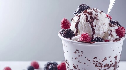 Experience the perfect balance of creamy and tangy with a scoop of raspberry ice cream, served in a glass cup on a vibrant pink background. The juicy raspberries on top add a burst of flavor to this v