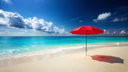 Vibrant Red Beach Umbrella on White Sandy Beach, Turquoise Ocean Background - Summer Vacation Paradise