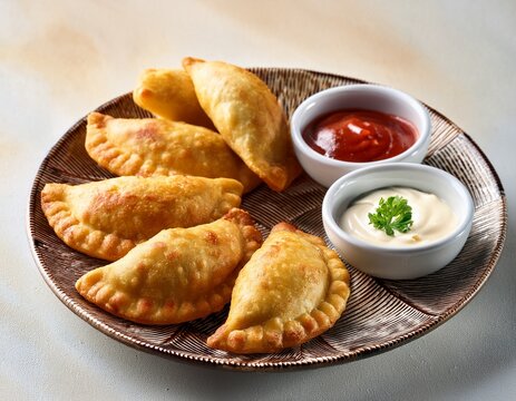 Generated image Mini empanadas on a decorative platter with dipping sauces