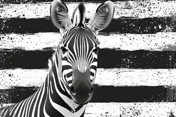 Zebra is staring at the camera with a black and white striped background. The zebra's face is the main focus of the image, and the stripes create a sense of contrast and depth