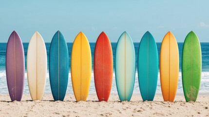 A vibrant display of colorful surfboards lined up on a sandy beach by the ocean, representing an exciting summer adventure and surf culture.