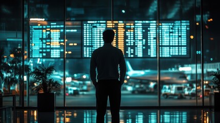 Traveling by airplane. Man walking with backpack and suitcase walking through airport terminal and looking at departure information.