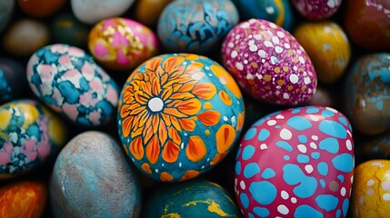 Colorful Painted Stones with Floral Designs Close Up