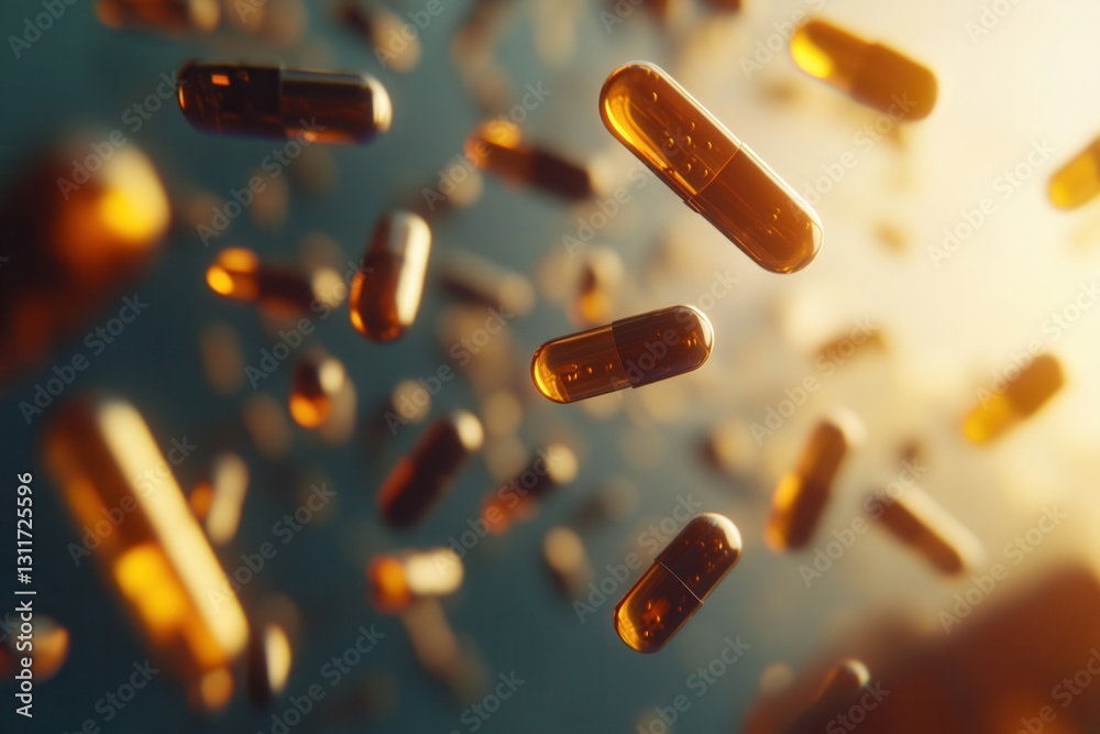 Poster suspended capsules floating in zero gravity with soft shadows and cinematic lighting showcasing abst