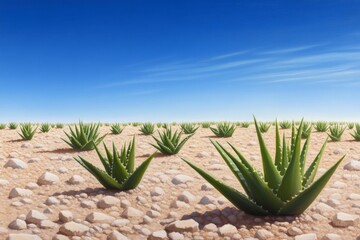 A vast desert landscape featuring numerous aloe vera plants under a clear blue sky