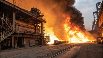 Inferno rages on amidst industrial machinery, flames, smoke, chaos, equipment malfunctioning, industrial machinery