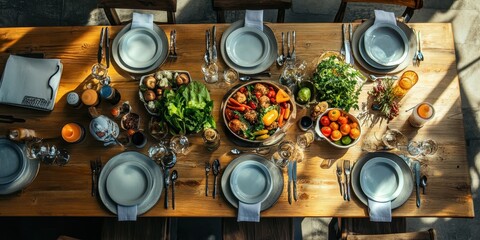 Elegant dining table beautifully set with carefully arranged groceries for a delightful culinary experience.