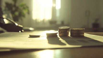 Coins stacked on desk, sunlight, office, growth, financial success