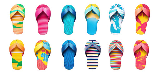 a variety of colorful flip-flops arranged in a grid pattern each pair features unique designs and vibrant colors. emphasizing a fun and summery vibe the overall aesthetic suggests leisure. relaxation.