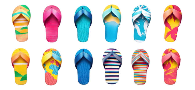a variety of colorful flip-flops arranged in a grid pattern each pair features unique designs and vibrant colors. emphasizing a fun and summery vibe the overall aesthetic suggests leisure. relaxation. - Powered by Adobe