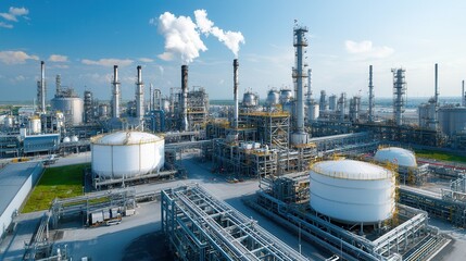 Obraz premium Technologically advanced fuel storage site with an extensive industrial infrastructure including multiple storage tanks processing facilities and a complex network of pipelines and equipment