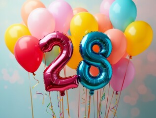 Colorful balloons forming the number 28 for a birthday celebration