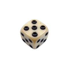 Close-up of a Single Ivory Die Showing a Five, Black Dots on Off-White Background