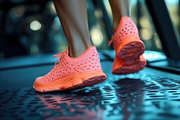 Close-up of a woman's legs in pink and orange running shoes walking on a treadmill at a gym.