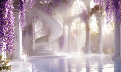 Spring festive marble stairs and arches with Wisteria flowers and green leaves decorations, fantasy palace, stone spiral stair with floral garlands, fairytale princess castle interior, AI generated