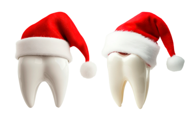 Festive, cheerful teeth adorned in Santa hats bring joy to the holiday seasons celebrations