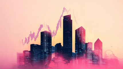 Fototapeta premium Cityscape with Financial Chart: A stylized cityscape, blending architecture with a superimposed financial chart, symbolizing the intricate relationship between urban development and economic trends.