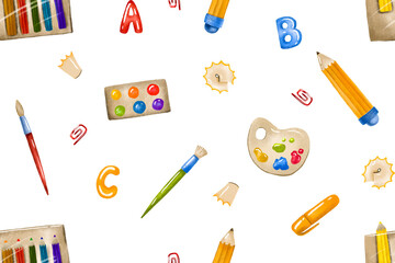 Back to school pencil seamless pattern. Preschool stickers with pencil marker brush. Knowledge student pupil set. Hand drawn cartoon isolated background. Wrap textile wall decor