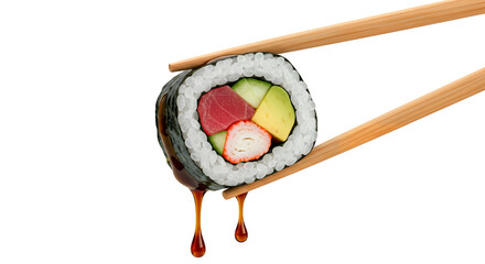 Delicious Sushi Roll Drizzled with Soy Sauce, Ready to Eat isolated on white or transparent png background