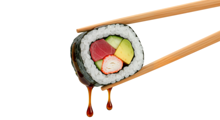 Delicious Sushi Roll Drizzled with Soy Sauce, Ready to Eat isolated on white or transparent png background