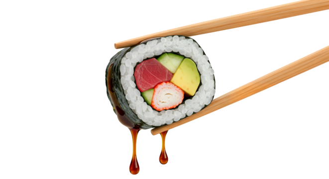 Delicious Sushi Roll Drizzled with Soy Sauce, Ready to Eat isolated on white or transparent png background - Powered by Adobe