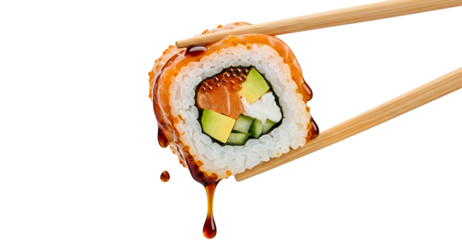 Delicious salmon sushi roll held by chopsticks, drizzled with sauce. isolated on white or transparent png background