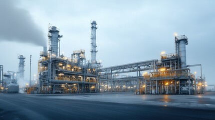 Wide angle aerial view of a large oil refinery plant glowing under the nighttime illumination surrounded by pipelines storage tanks and other industrial facilities in an urban industrial landscape