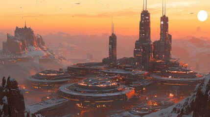 Futuristic Cityscape on Snowy Planet with Orange Sky and Distant Mountains