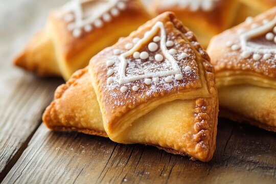 Flaky, sweet pastery treats with powdered sugar sprinkles and filled with a creamy filling.